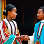 A dignified young Malagasy couple, a bride in a vibrantly colored, intricately patterned silk Lamba and a groom in elegant traditional attire, participate in a sacred ancestral veneration ceremony. They are fully clothed in modest, appropriate attire, standing respectfully before an ornate altar or within a traditional Malagasy family home. Surrounding them are wise elders, offering blessings in a solemn and sacred atmosphere. The scene is captured with professional photography, showcasing perfect anatomy, correct proportions, natural pose, well-formed hands, proper finger count, and natural body proportions. safe for work, appropriate content, fully clothed, professional.