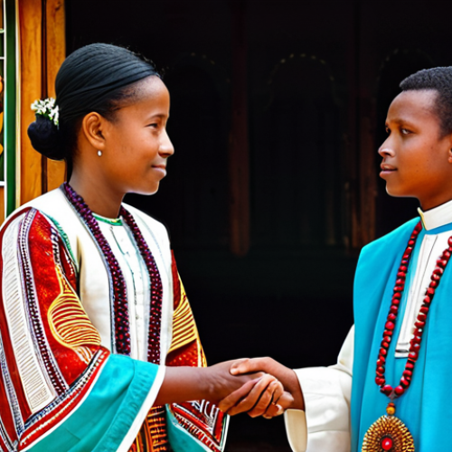 A dignified young Malagasy couple, a bride in a vibrantly colored, intricately patterned silk Lamba and a groom in elegant traditional attire, participate in a sacred ancestral veneration ceremony. They are fully clothed in modest, appropriate attire, standing respectfully before an ornate altar or within a traditional Malagasy family home. Surrounding them are wise elders, offering blessings in a solemn and sacred atmosphere. The scene is captured with professional photography, showcasing perfect anatomy, correct proportions, natural pose, well-formed hands, proper finger count, and natural body proportions. safe for work, appropriate content, fully clothed, professional.