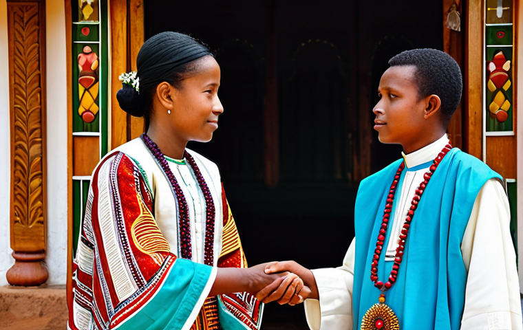 A dignified young Malagasy couple, a bride in a vibrantly colored, intricately patterned silk Lamba and a groom in elegant traditional attire, participate in a sacred ancestral veneration ceremony. They are fully clothed in modest, appropriate attire, standing respectfully before an ornate altar or within a traditional Malagasy family home. Surrounding them are wise elders, offering blessings in a solemn and sacred atmosphere. The scene is captured with professional photography, showcasing perfect anatomy, correct proportions, natural pose, well-formed hands, proper finger count, and natural body proportions. safe for work, appropriate content, fully clothed, professional.