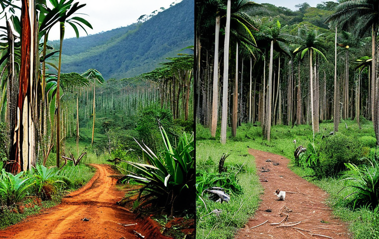 마다가스카르 희귀 동식물 보호 노력 - "Deforestation in Madagascar: A before-and-after image showcasing a lush rainforest transitioning in...