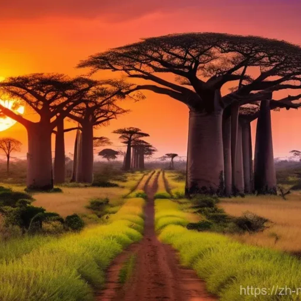 마다가스카르 해변과 다이빙 명소 - **Morondava's Enchanting Baobab Sunset:**
"A breathtaking wide shot capturing the iconic Baobab ...