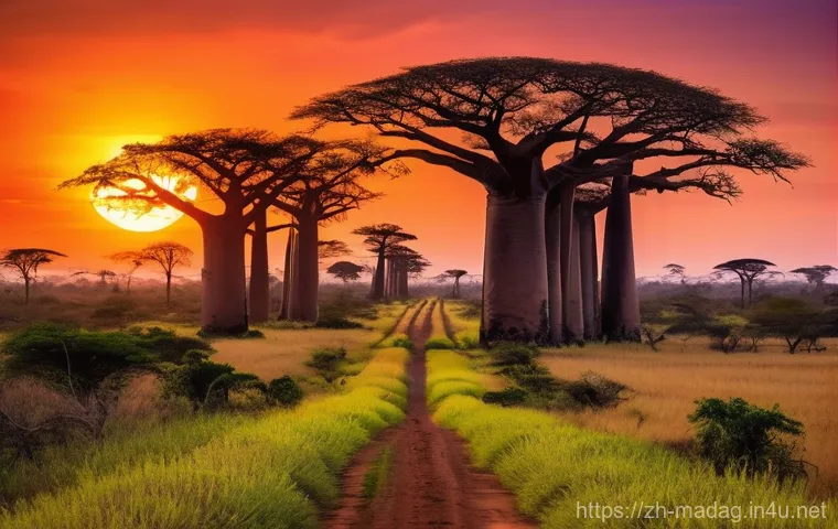 마다가스카르 해변과 다이빙 명소 - **Morondava's Enchanting Baobab Sunset:**
    "A breathtaking wide shot capturing the iconic Baobab ...