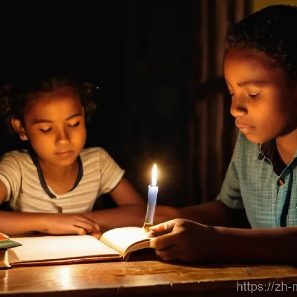 마다가스카르에서 전력 사정과 정전 문제 - **Prompt:** "A heartfelt and intimate indoor scene within a modest Malagasy home during a nighttime ...