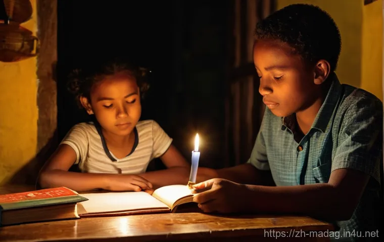 마다가스카르에서 전력 사정과 정전 문제 - **Prompt:** "A heartfelt and intimate indoor scene within a modest Malagasy home during a nighttime ...